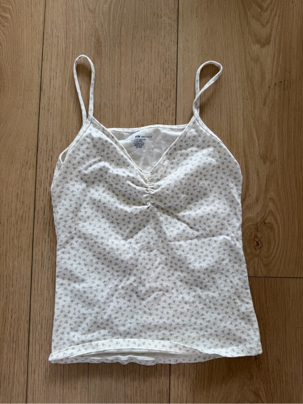 Brandy Melville White Floral Ruched V-Neck Spaghetti Strap Tank